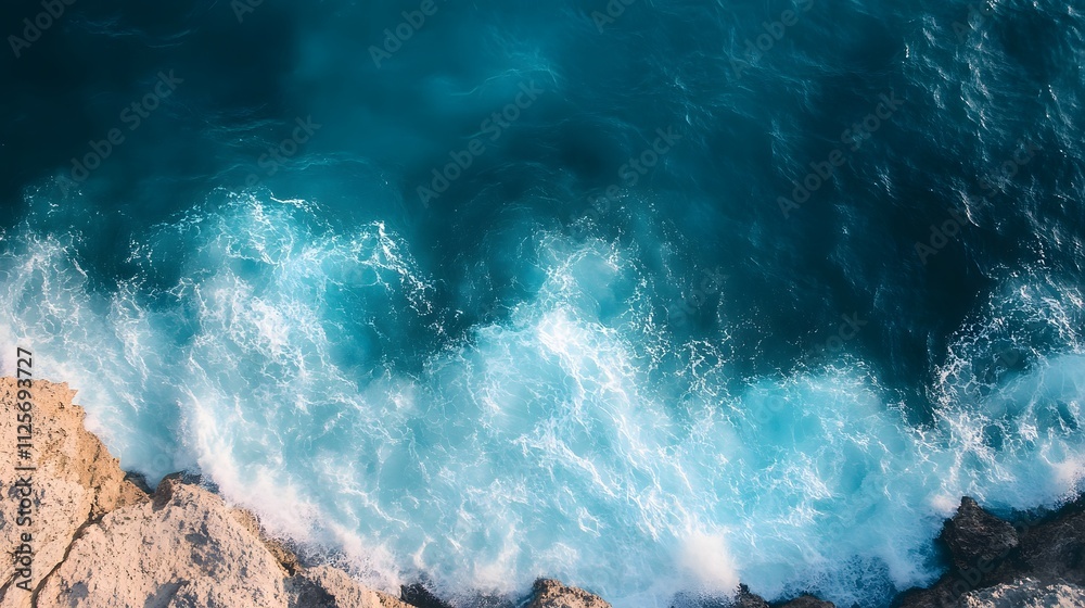 Fototapeta premium Aerial view of turquoise ocean waves crashing against rocky shore.