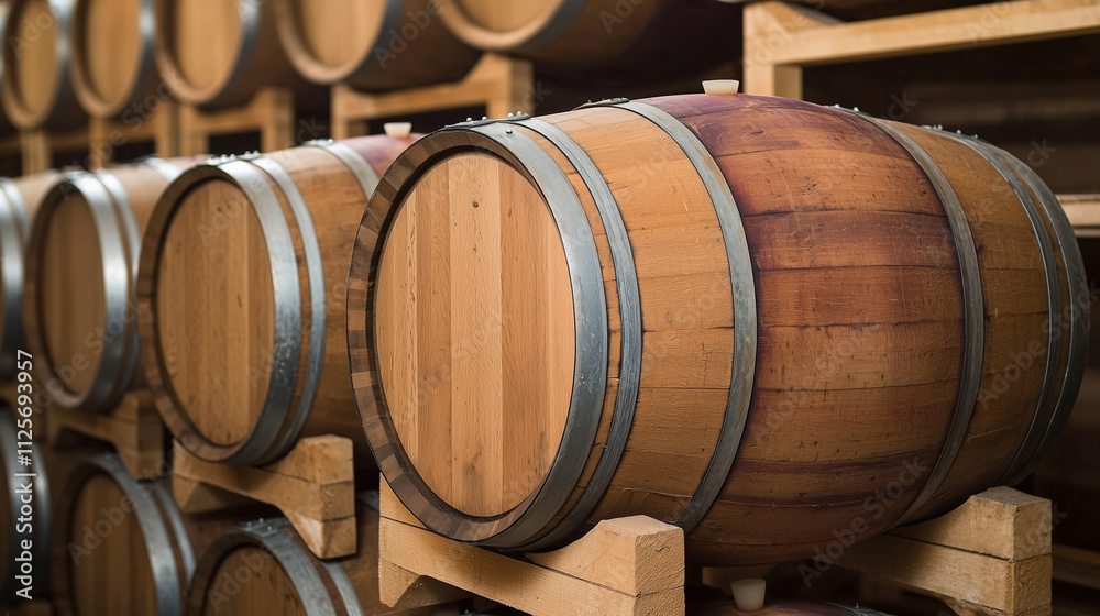 A collection of stacked brown wooden barrels in a dimly lit wine cellar A collection of stacked brown wooden barrels in a dimly lit wine cellar