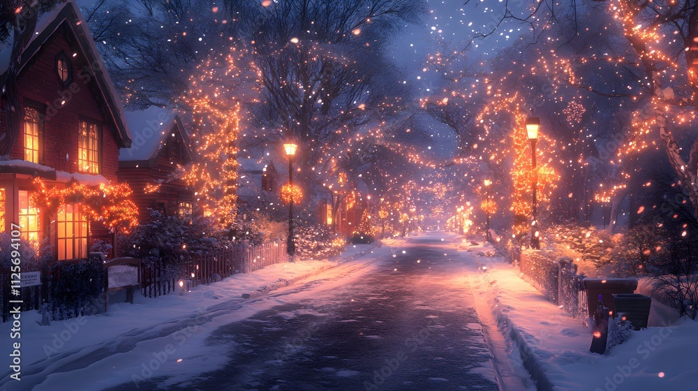 Charming winter street adorned with festive lights in a snowy evening. Charming winter street adorned with festive lights in a snowy evening.