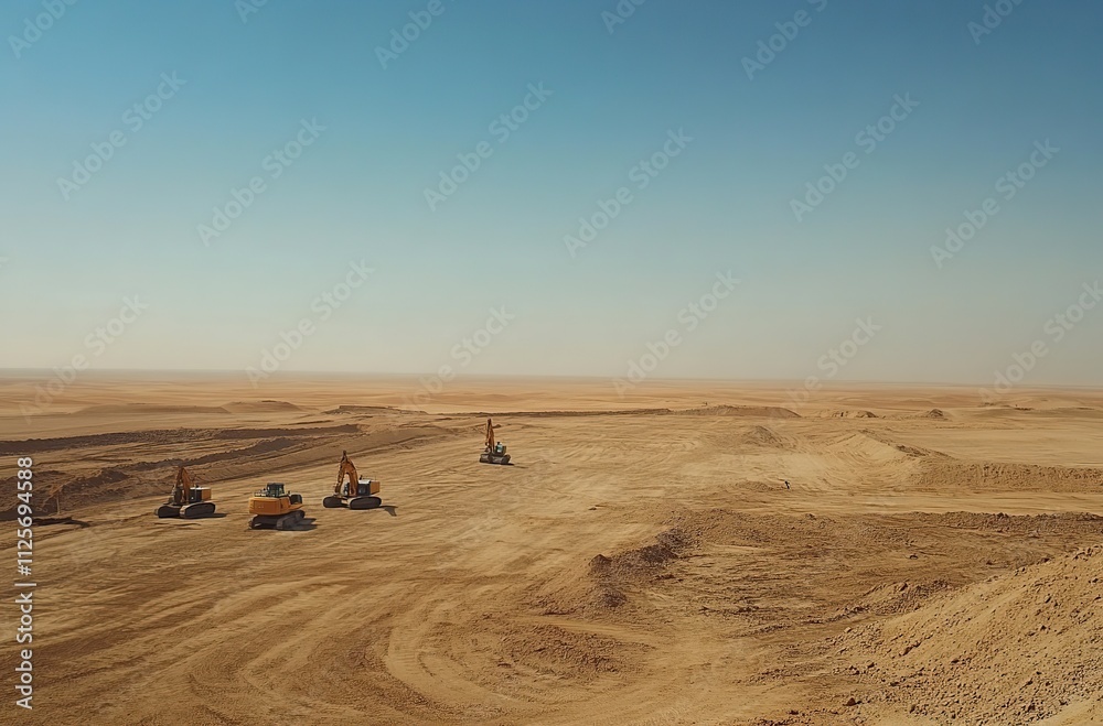 Excavators working on a large-scale desert construction project under a clear blue sky. The vast expanse of sand reveals the magnitude of the undertaking. Excavators working on a large-scale desert construction project under a clear blue sky. The vast expanse of sand reveals the magnitude of the undertaking.