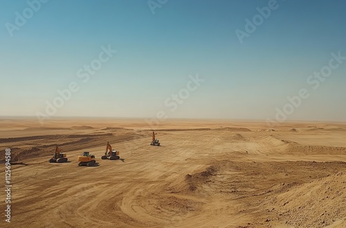 Excavators working on a large-scale desert construction project under a clear blue sky.  The vast expanse of sand reveals the magnitude of the undertaking.