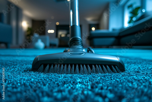 Close-up of a vacuum cleaner cleaning a blue carpet in a modern home interior.

