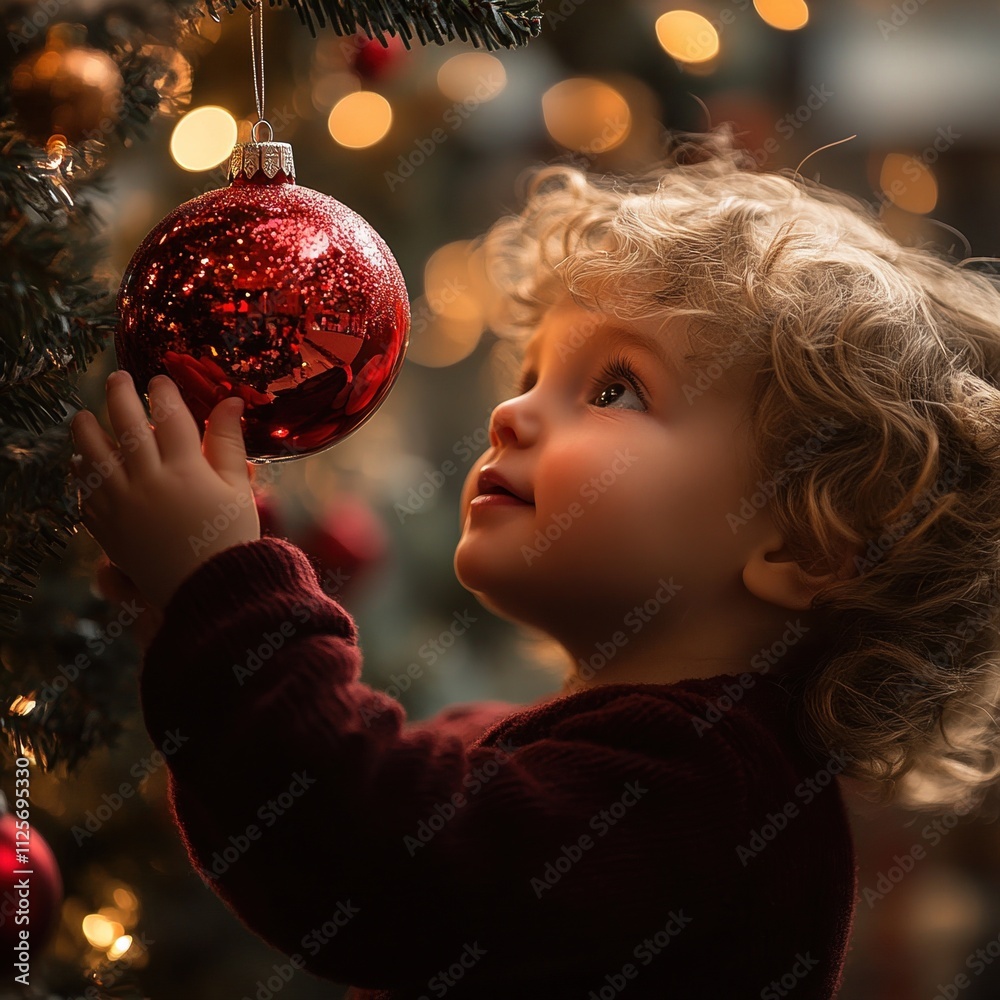 Naklejka premium Enchanting Child Touches Shiny Red Ornament on Christmas Tree Surrounded by Warm Festive Lights Creating Magical Holiday Atmosphere, holiday magic concept