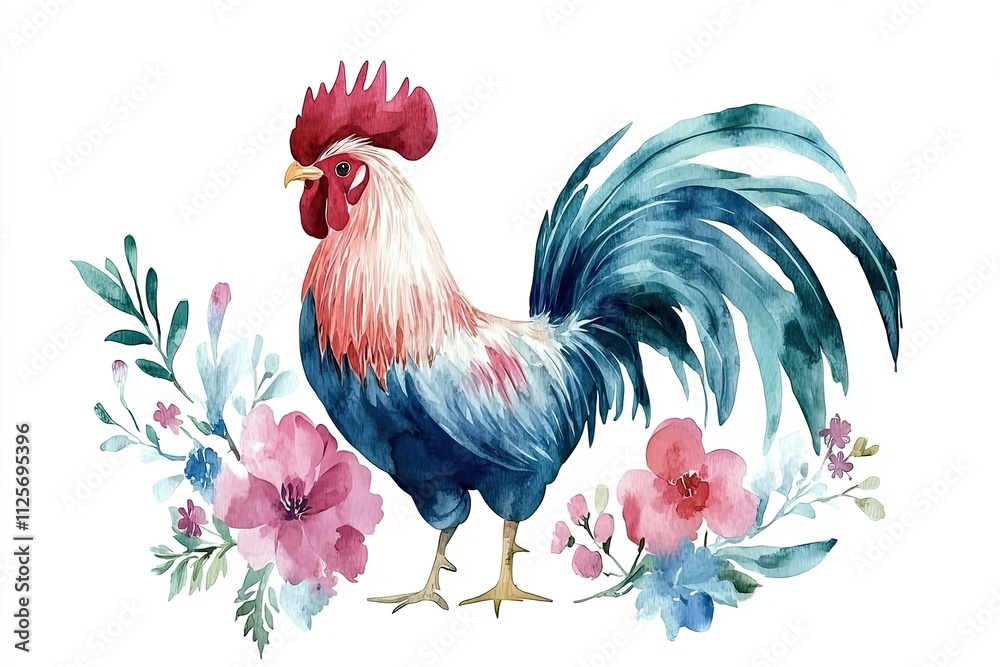 Fototapeta premium Watercolor Rooster Amidst Delicate Floral Arrangement