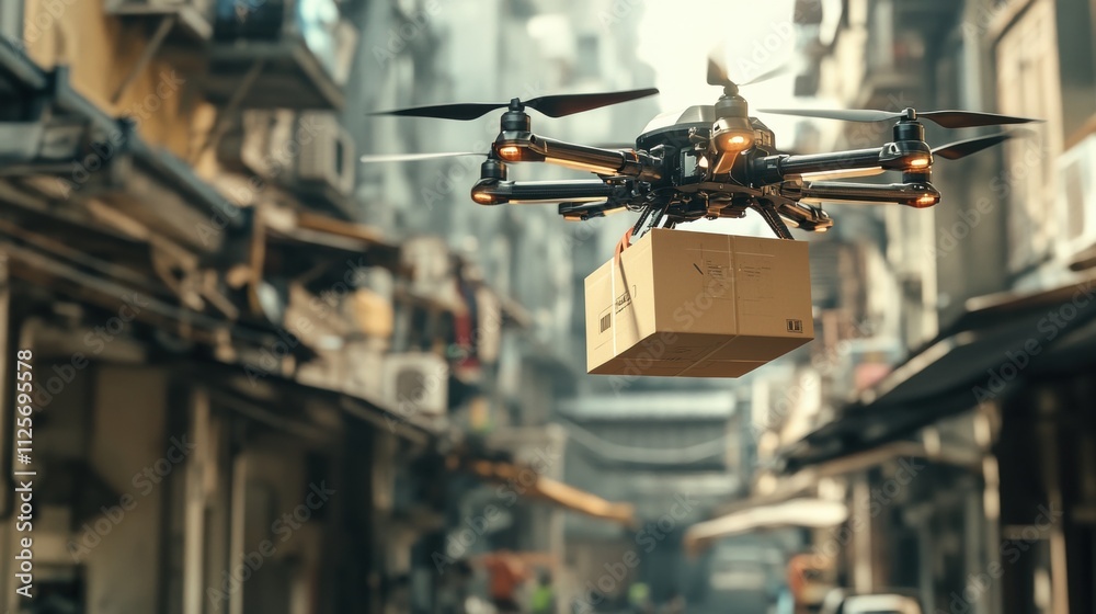 Drone delivery action in urban setting package transport aerial view innovative technology concept Drone delivery action in urban setting package transport aerial view innovative technology concept