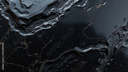 Mysterious Obsidian, Close-Up of Polished Black Surface with Intricate Scratches and Reflections