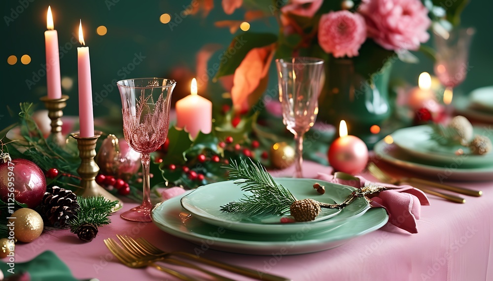Elegant holiday dinner setting with candles and flowers indoor celebration table decor festive atmosphere close-up view aesthetic dining experience