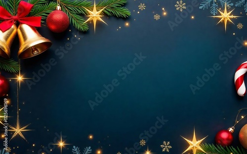 Holiday web banner with shimmering gold and blue baubles and glittering lights. Christmas advertising, promotional materials, holiday greetings, festive designs