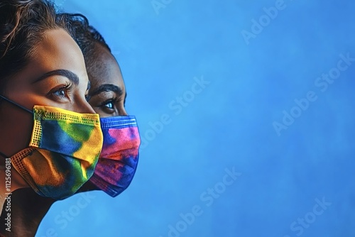 Two women wearing vibrant, colorful protective masks are gazing in the same direction during the pandemic, set against a blue background that offers ample copy space photo