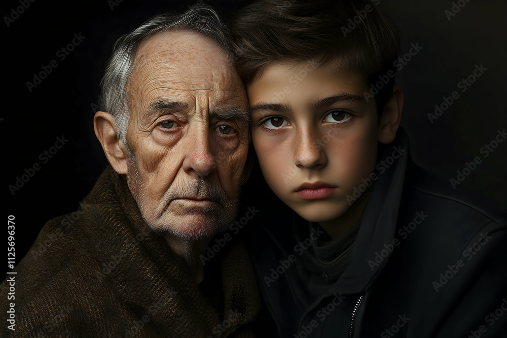 Generations: A poignant portrait of an elderly man and a young boy, their faces etched with stories untold, captured in intimate detail against a dark backdrop. Generations: A poignant portrait of an elderly man and a young boy, their faces etched with stories untold, captured in intimate detail against a dark backdrop.