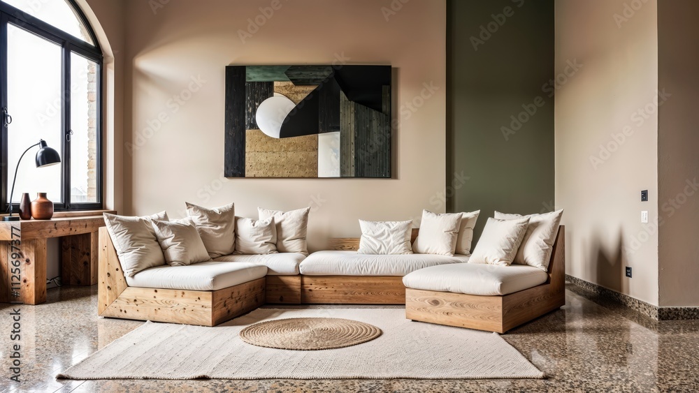Generative AI, Modern living room with modular wooden sofa, abstract artwork, and arched windows. Generative AI, Modern living room with modular wooden sofa, abstract artwork, and arched windows.