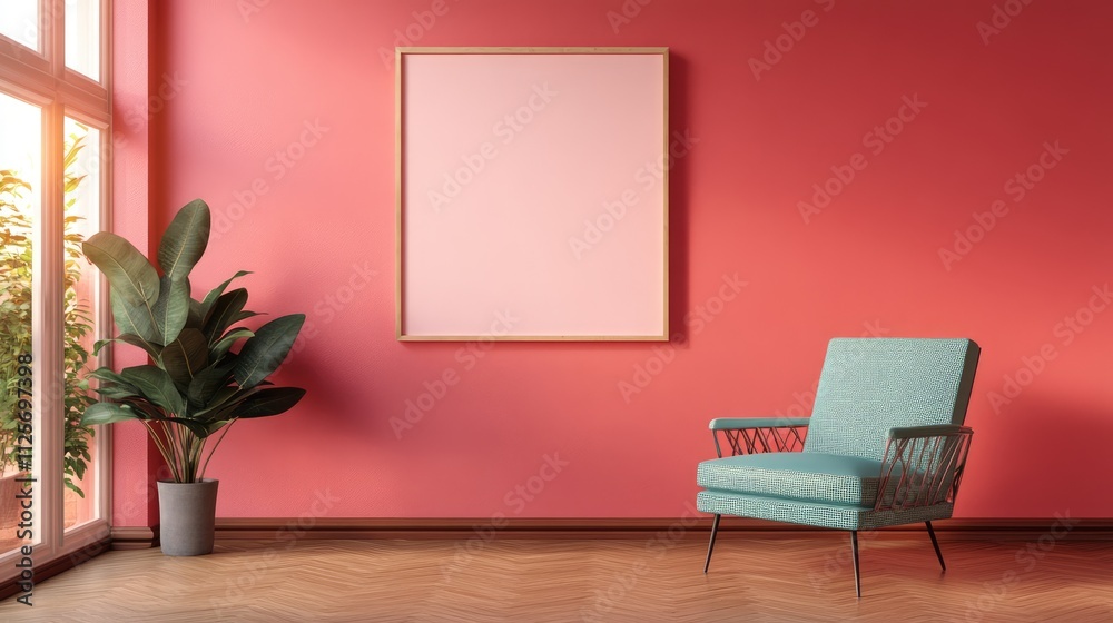 illustration of mock-up wall decor frame is hanging in cozy modern colorful pastel tone color living room with comfort armchair illustration of mock-up wall decor frame is hanging in cozy modern colorful pastel tone color living room with comfort armchair