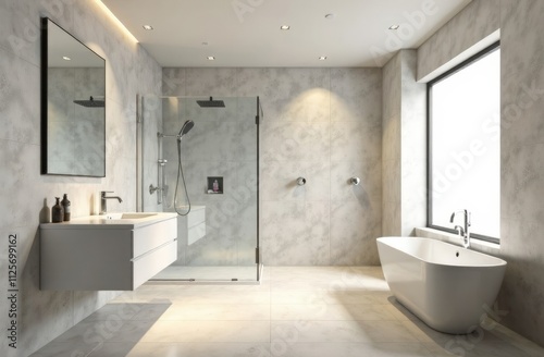 A refined bathroom with minimalist design, including a floating vanity, a walk-in rain shower, and elegant fixtures.