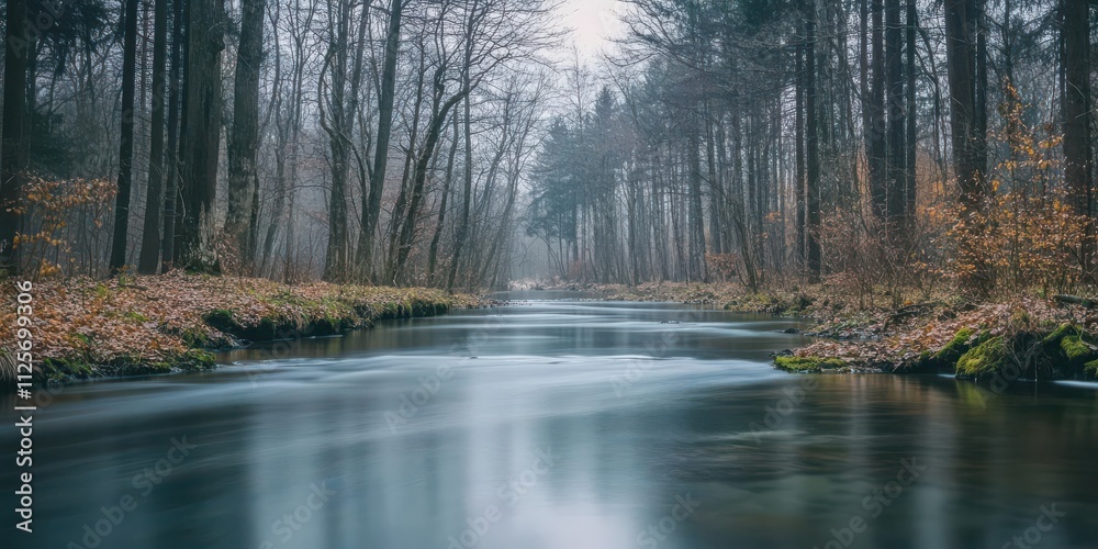 A serene river flows through a foggy forest, surrounded by trees and autumn foliage.