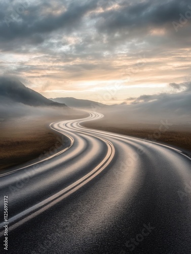 Wallpaper Mural A smooth curved track extends into the distance, surrounded by misty hills and an early morning sky filled with soft clouds and light. Generative AI Torontodigital.ca