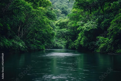 A serene river surrounded by lush green trees in a tranquil forest setting.