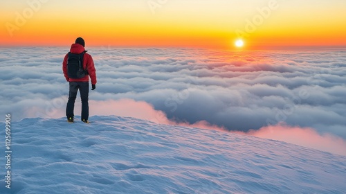 A person soaring high above the clouds in a dreamlike world, representing the journey of self-discovery and the pursuit of dreams, surrounded by bright, surreal colors. photo