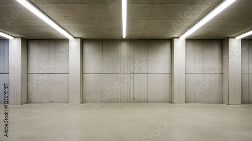 large cement room with illuminated overhead lights and smooth walls creates modern, minimalist atmosphere