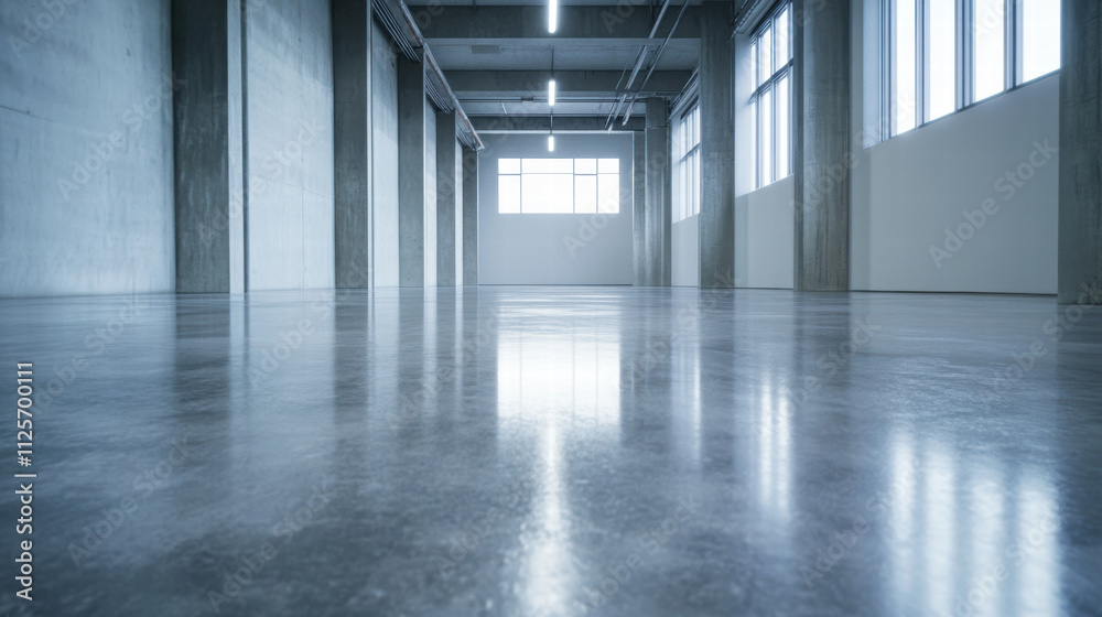 Reflective cement floor in spacious industrial room with dynamic lighting Reflective cement floor in spacious industrial room with dynamic lighting