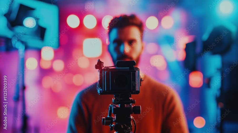 Recording an interview in a contemporary television studio, showcasing cameras and colorful lighting for a dynamic atmosphere. Generative AI Recording an interview in a contemporary television studio, showcasing cameras and colorful lighting for a dynamic atmosphere. Generative AI