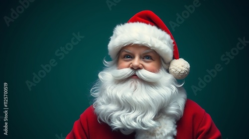 A Merry Christmas Portrait: Santa Claus with a Mischievous Grin Against a Teal Background