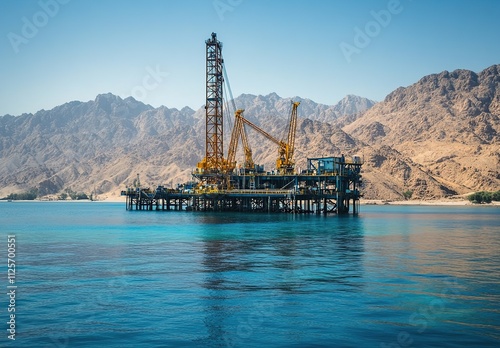 Offshore oil rig platform in turquoise water near dramatic mountains.  Ideal for energy, industry, and environmental themes. photo