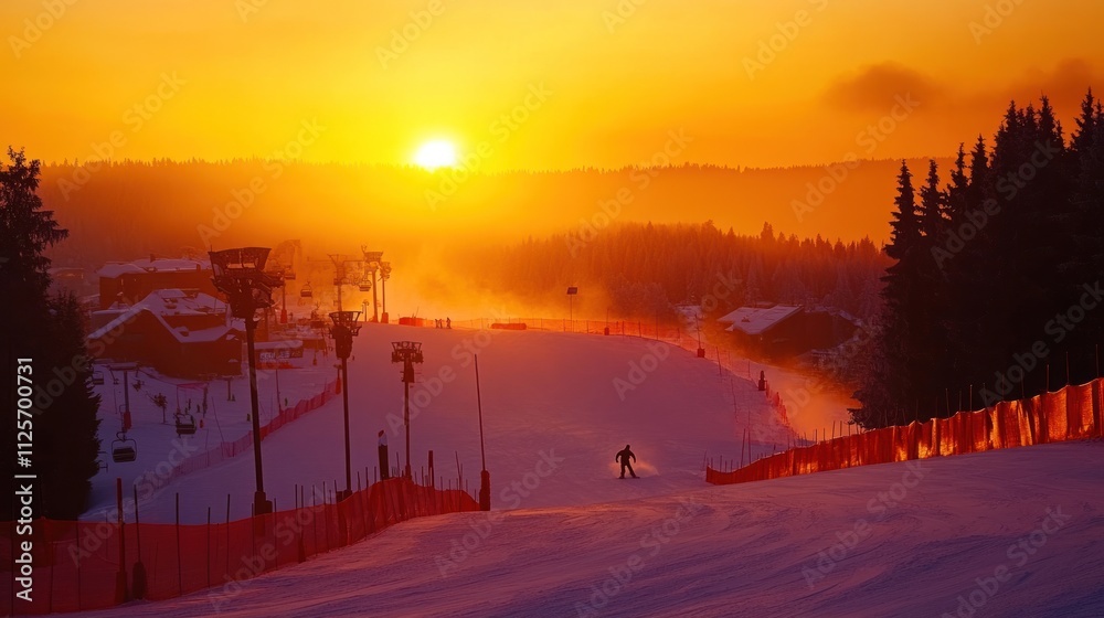 A skier descends a snowy slope at sunset, surrounded by trees and ski facilities. A skier descends a snowy slope at sunset, surrounded by trees and ski facilities.