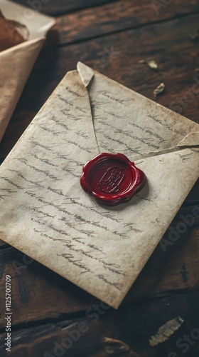 Vintage Handwritten Letter with Red Wax Seal on Rustic Wooden Table, Ideal for Historical Themes, Romance, Antique Communication, and Nostalgic Storytelling