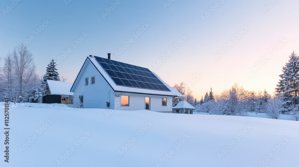 solar paneled house roof covered in fresh snow, surrounded by trees, creates serene winter landscape solar paneled house roof covered in fresh snow, surrounded by trees, creates serene winter landscape
