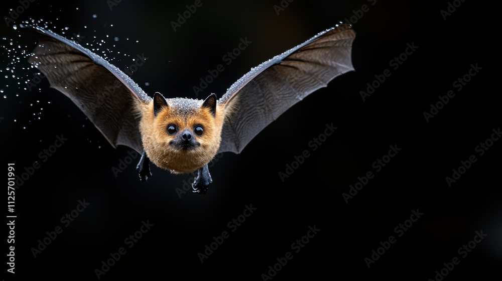 Obraz premium Flying fox bat with droplets in tropical downpour, showcasing its unique features and vibrant expression