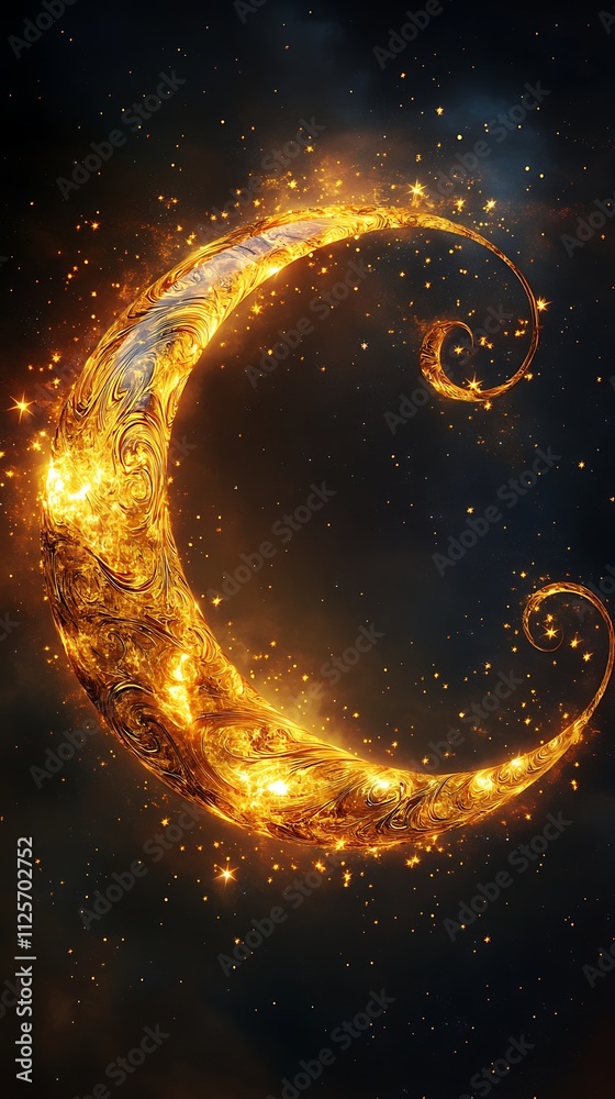 Fiery crescent moon with swirling flames in dark night sky. Fiery crescent moon with swirling flames in dark night sky.