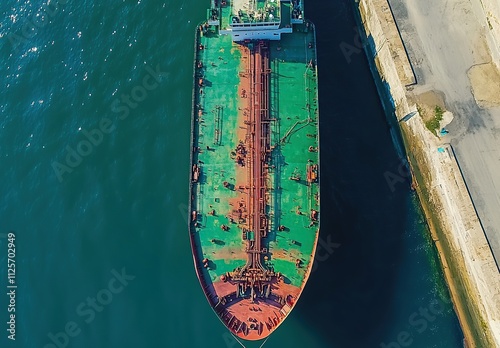 Aerial view of a large oil tanker docked at a port, showcasing its deck and surrounding waters.