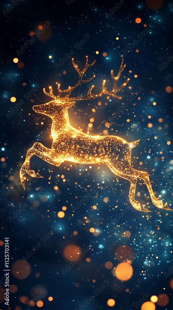 Golden reindeer leaping through sparkling night sky. Golden reindeer leaping through sparkling night sky.