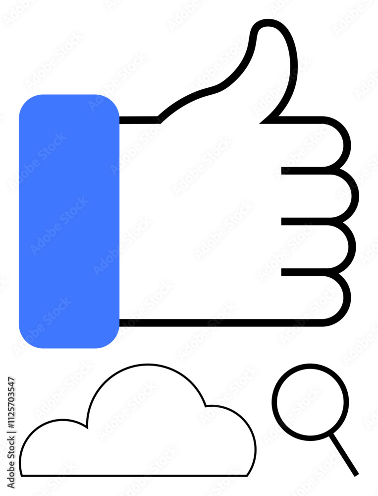 Obraz premium Thumbs up hand gesture with blue sleeve contrasts with minimalist black cloud and magnifying glass. Ideal for digital approval, search, social media, research, data analysis, minimalism-themed
