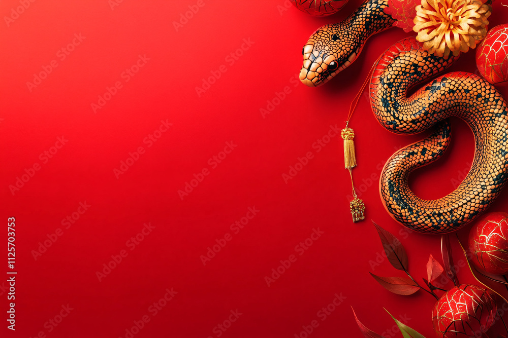A festive red design for Lunar New Year featuring a snake adorned with flowers, perfect for greeting card layouts A festive red design for Lunar New Year featuring a snake adorned with flowers, perfect for greeting card layouts