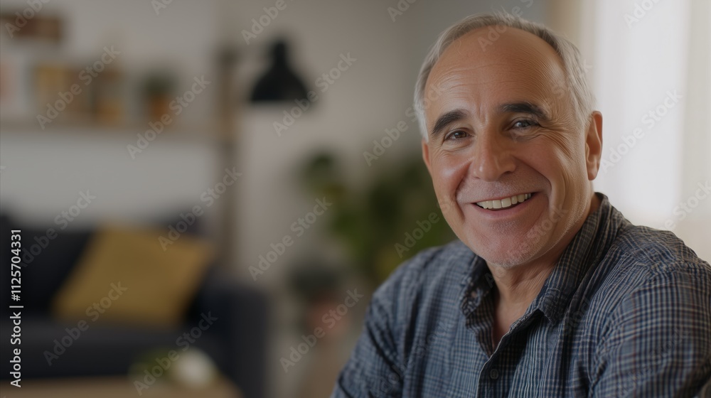 Man is smiling and sitting in a living room Man is smiling and sitting in a living room