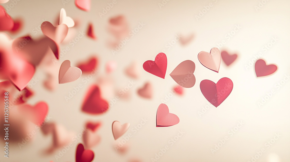 Heart-shaped decorations floating in the air for a romantic Valentine's Day celebration Heart-shaped decorations floating in the air for a romantic Valentine's Day celebration