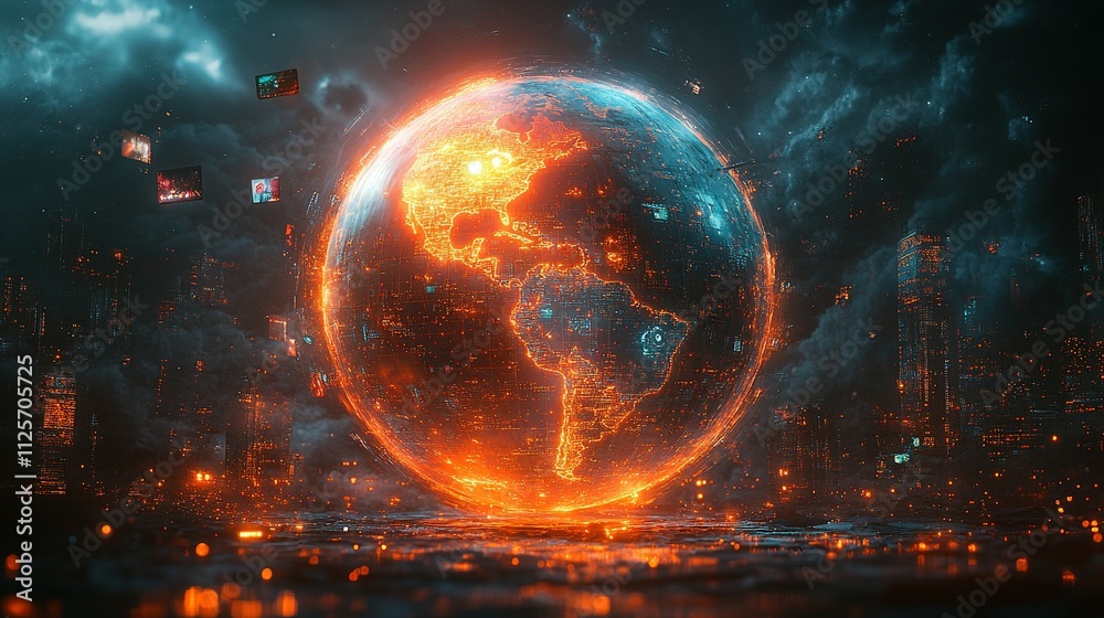 Fiery Digital Globe Over Futuristic Cityscape Fiery Digital Globe Over Futuristic Cityscape
