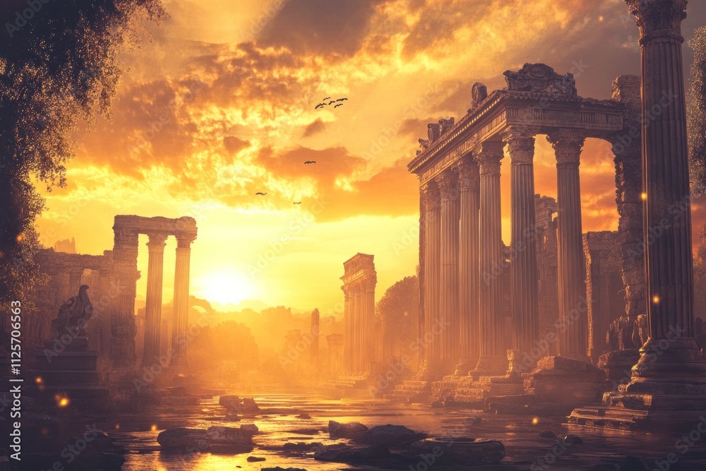 Fototapeta premium Ancient ruins bathed in sunset's golden light.