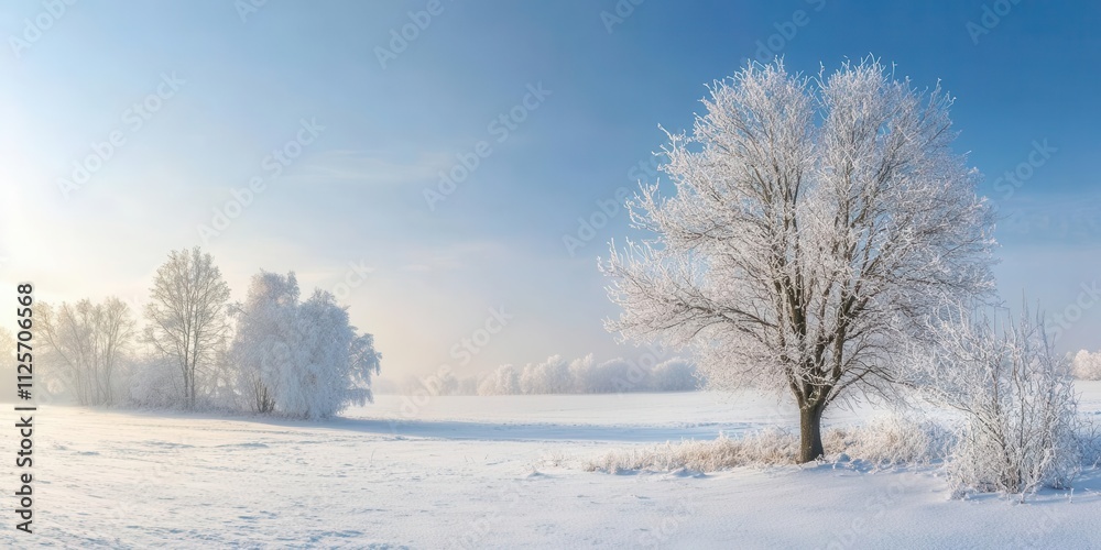 A serene winter landscape with snow-covered trees and a clear blue sky. A serene winter landscape with snow-covered trees and a clear blue sky.