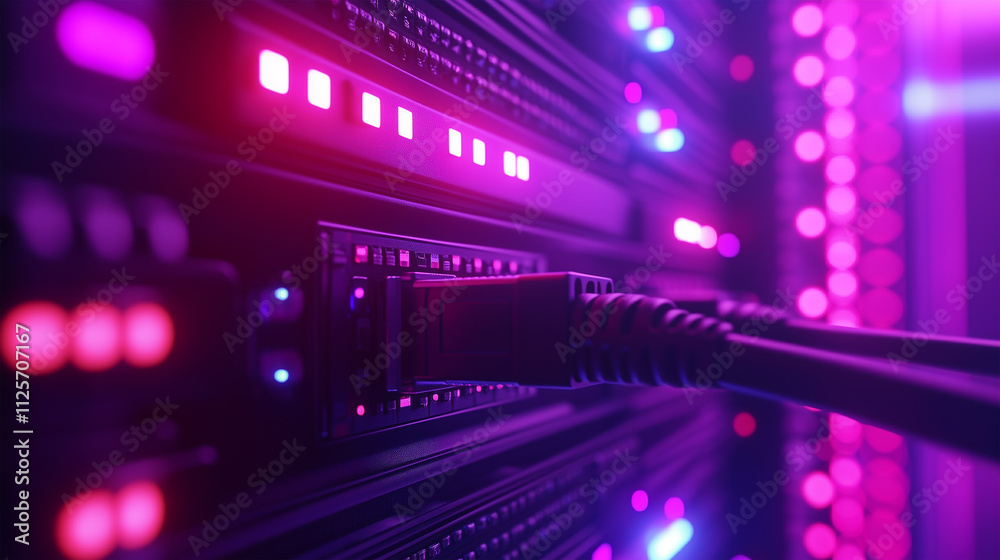 Close-up of a network cable connected to a console in a data center, with the focus on the cables and a web-sharing server in the background Close-up of a network cable connected to a console in a data center, with the focus on the cables and a web-sharing server in the background