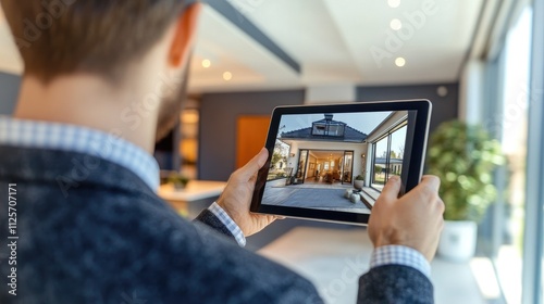Man viewing house on digital tablet.