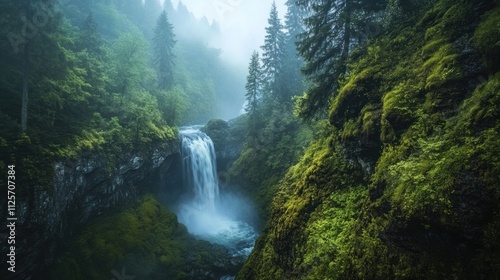 Misty waterfall cascading through lush green forest.