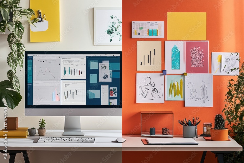 A clean minimalist workspace on the left contrasts with a colorful, artistic display on the right, ideal for inspiration. Generative AI A clean minimalist workspace on the left contrasts with a colorful, artistic display on the right, ideal for inspiration. Generative AI