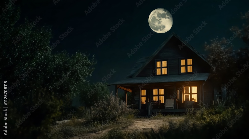 House with a porch and a moon in the sky House with a porch and a moon in the sky