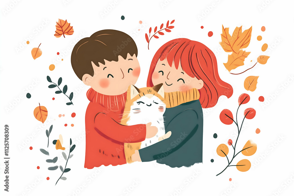 Autumn Cozy Couple with Cat: Illustration of a happy couple embracing a cute cat surrounded by autumn leaves. Perfect for fall-themed designs, greeting cards, or children's books. Autumn Cozy Couple with Cat: Illustration of a happy couple embracing a cute cat surrounded by autumn leaves. Perfect for fall-themed designs, greeting cards, or children's books.