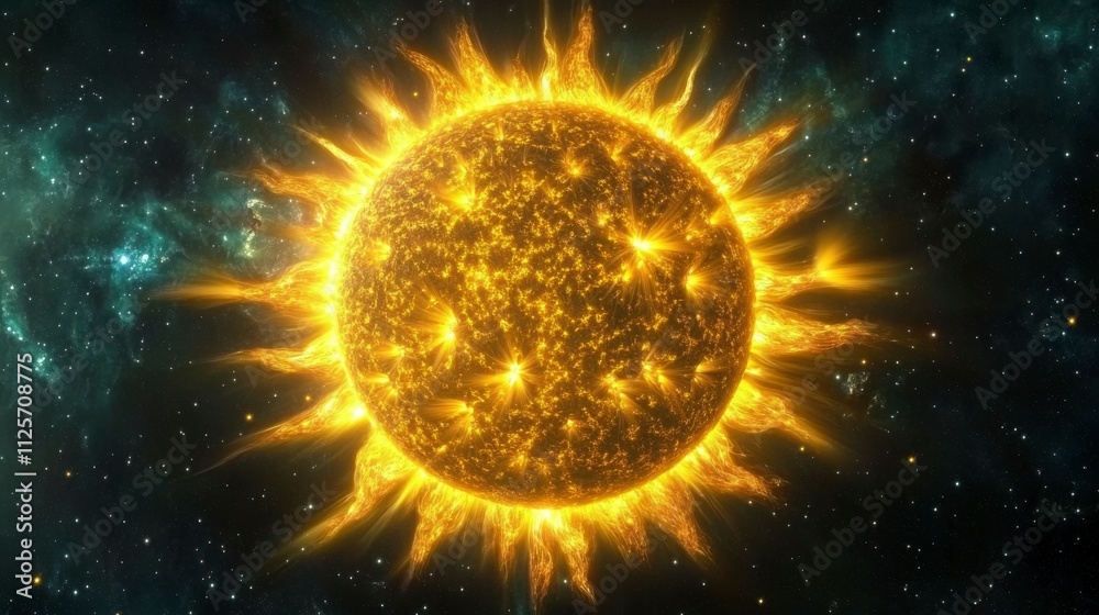 Obraz premium Cosmic imagery of the sun in space, radiating golden light against a dark background. Elements of fiery solar flares create a mesmerizing celestial scene.