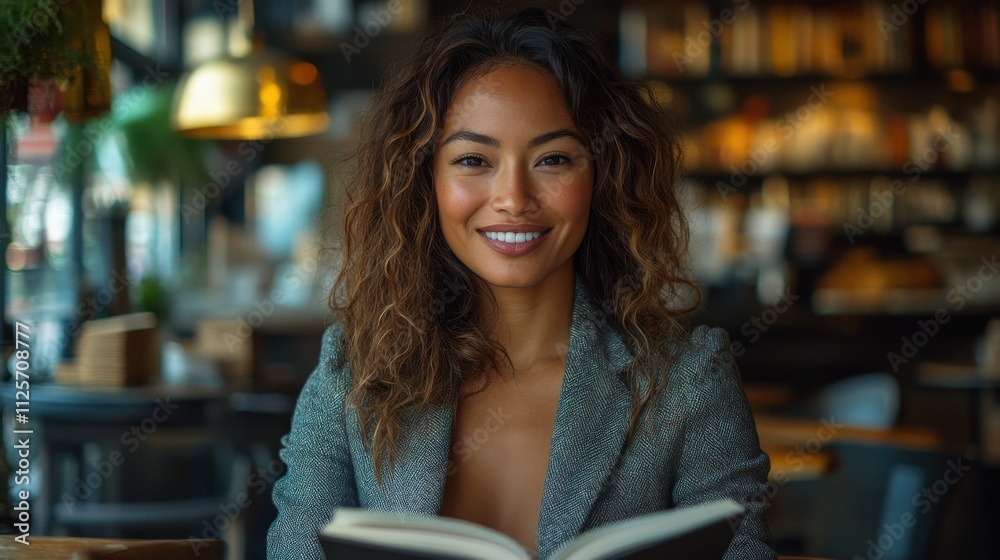A woman is sitting at a table with a book in front of her. Generative AI A woman is sitting at a table with a book in front of her. Generative AI