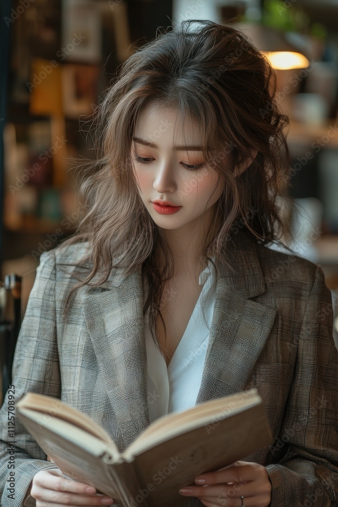 A woman is reading a book while wearing a plaid jacket. Generative AI A woman is reading a book while wearing a plaid jacket. Generative AI