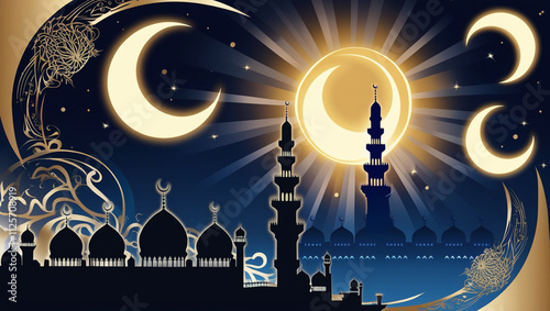 A stunning view of an Islamic mosque silhouette under the crescent moon and starry sky. Perfect for Ramadan, Eid, and other cultural designs